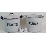 Two vintage enamel flour bins one without a lid. Height: 20cm. Diameter: 23cm.