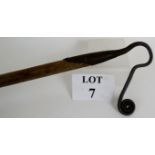 An antique/vintage hand forged shepherd's crook with oak handle.
