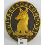 A cast alloy Whitbroad + Co Brewery pub sign with a black and gilt finish. Size: 45cm x 39cm.