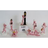 Seven 1980's ceramic Pink Panther figures each marked UAC Geoffrey and bearing R O Japan Labels.