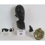 A vintage carved ebony African tribal bust, a cast brass Art Nouveau dish,