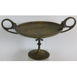 A heavy 19th Century classical bronze tazza with bearded head handles and an engraved classical