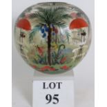 A 1920's glass globe vase hand painted in French Riviera style with cafe tables and palm trees.