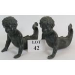 A pair of highly decorative well cast bronze Cherub merboy water fountain ornaments,