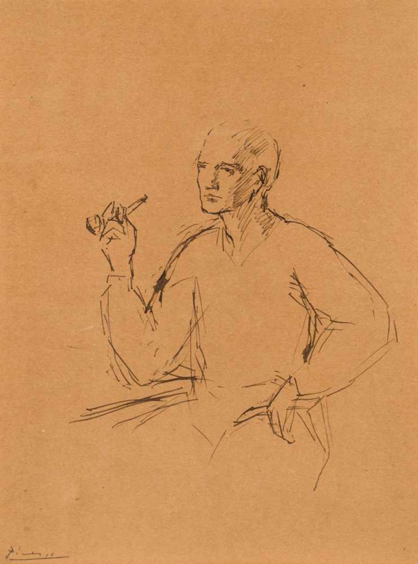 Pablo Picasso1881–1973Portrait, homme à la pipe1905Federzeichnung und Tusche auf gelblichem