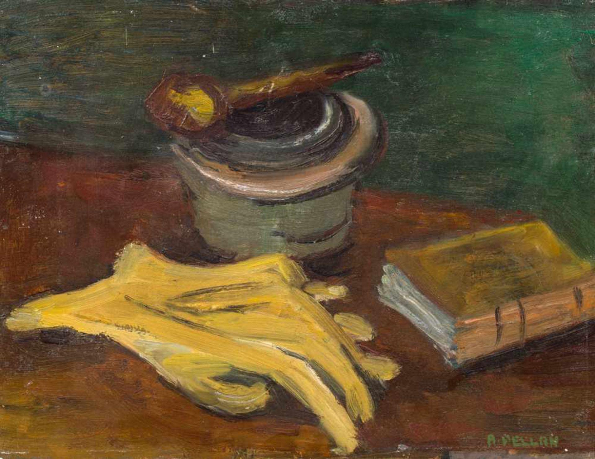 Alfred Pellan1906–1988Nature morte aux gants, pipe et livre1931Öl auf Holz26,5 x 35 cm