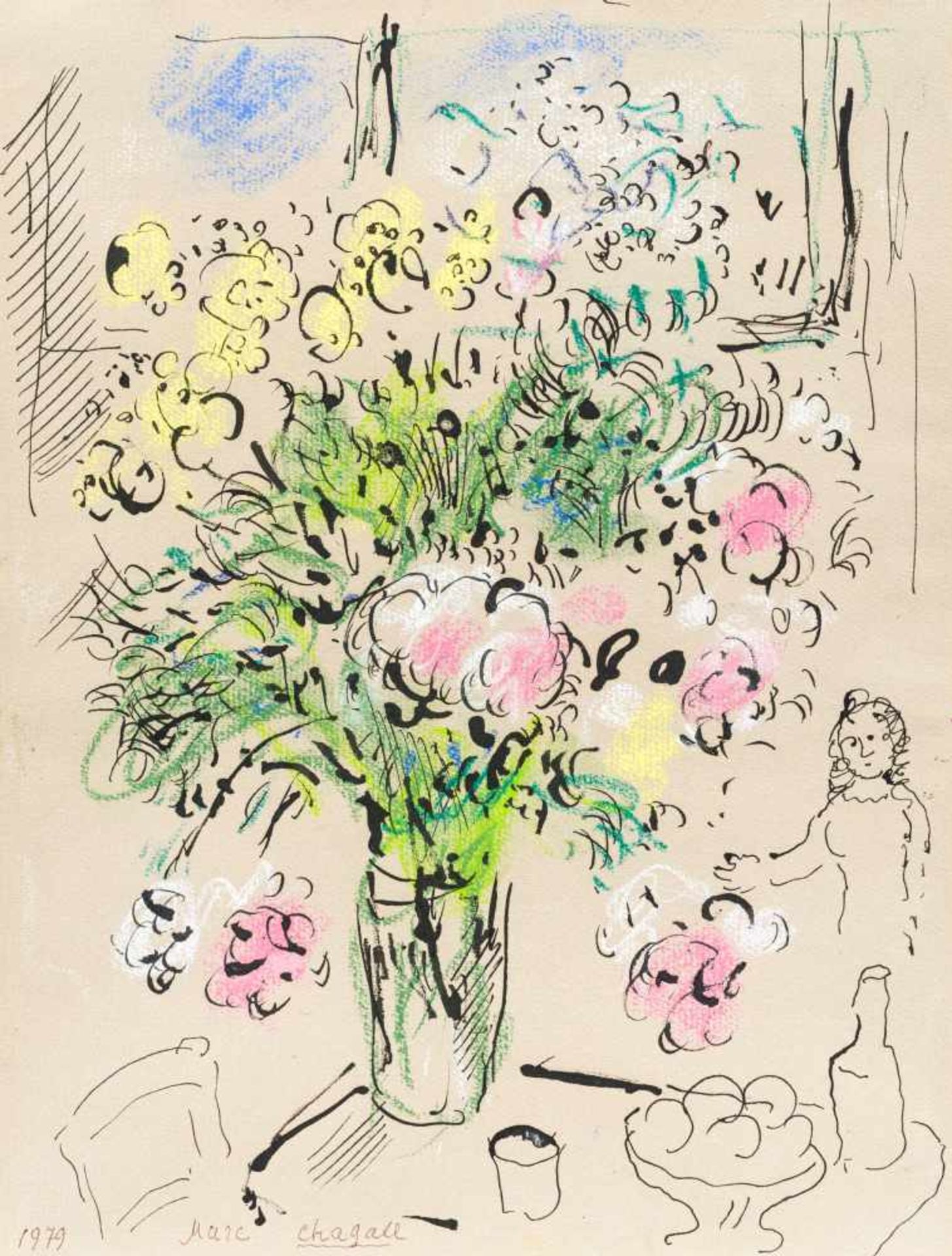 Marc Chagall1887–1985Bouquet de fleurs avec personnage1979Tusche und Pastell auf Papier29,7 x 22,8