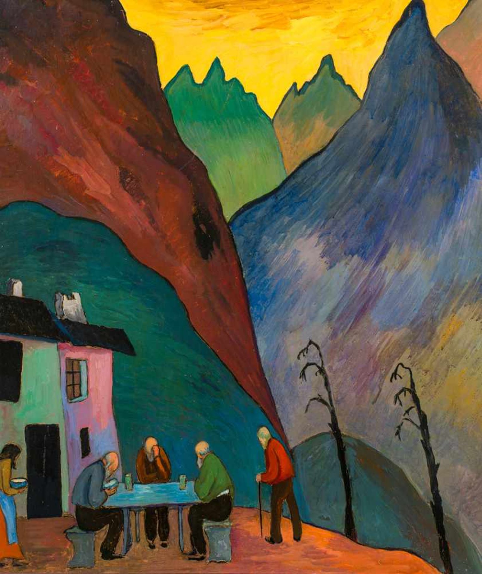 Marianne von Werefkin1860–1938Wirtschaft vor GebirgslandschaftTempera auf Karton auf