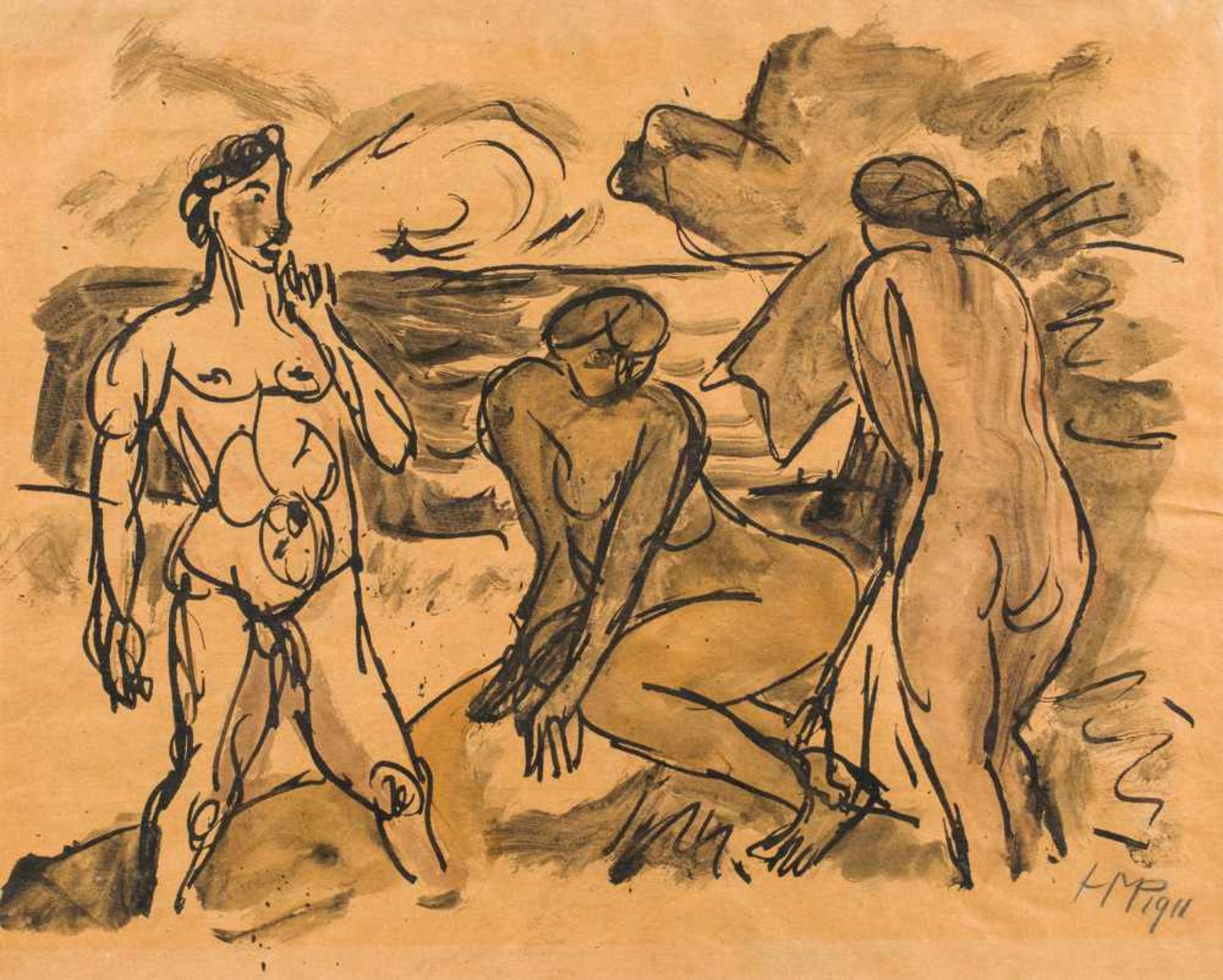 Max Pechstein1881–1955Badende am Strand, rückseitig Paar im Café1911Tuschfeder und Tuschpinsel auf