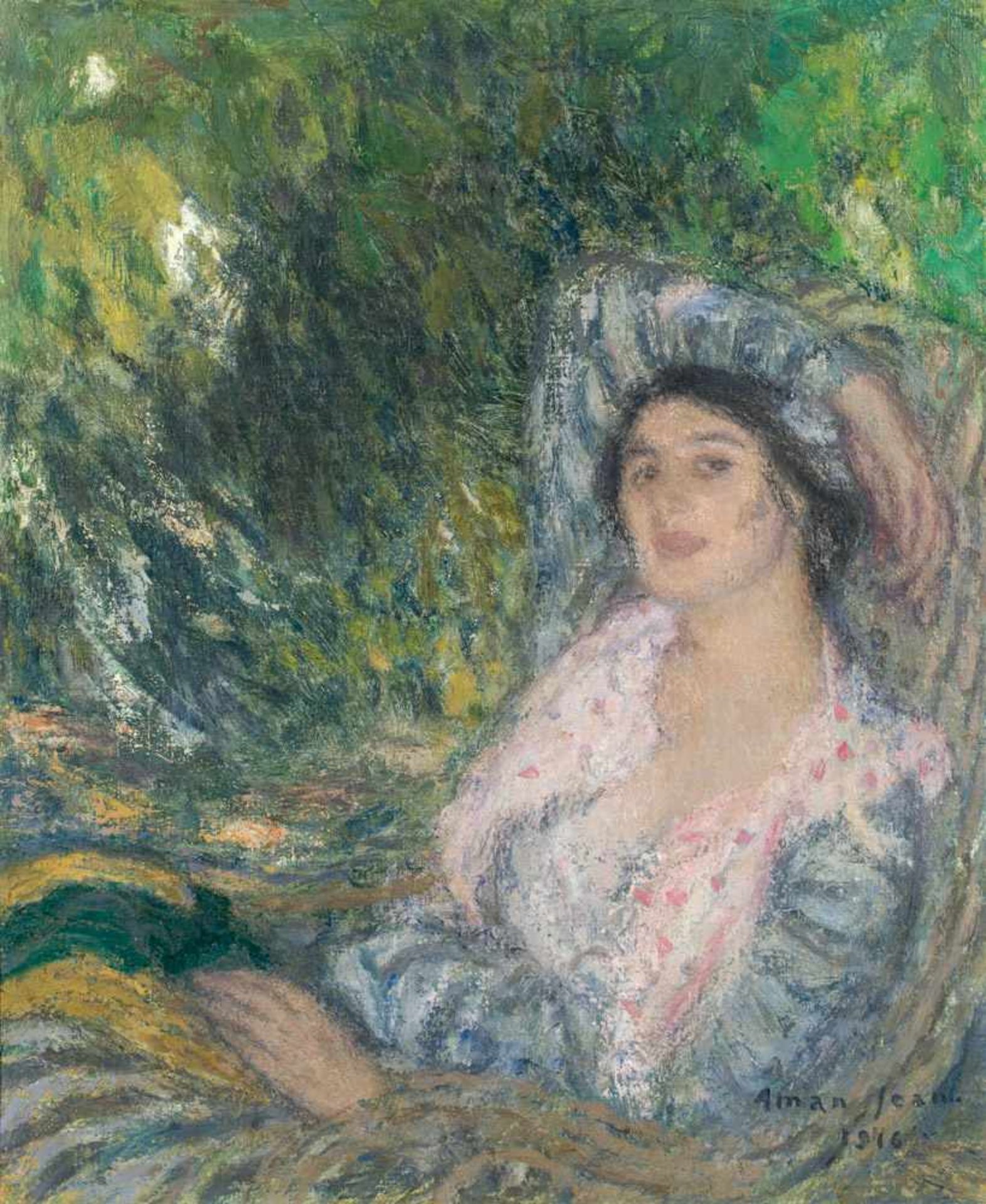Edmond Aman-Jean1858–1936Portrait de femme dans un jardin1916Öl auf Leinwand73 x 60 cmAuktion