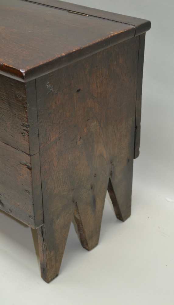 A 19TH CENTURY SMALL SIX PLANK COFFER with three-quarter lift-up lid, having vacant interior, the - Image 2 of 5