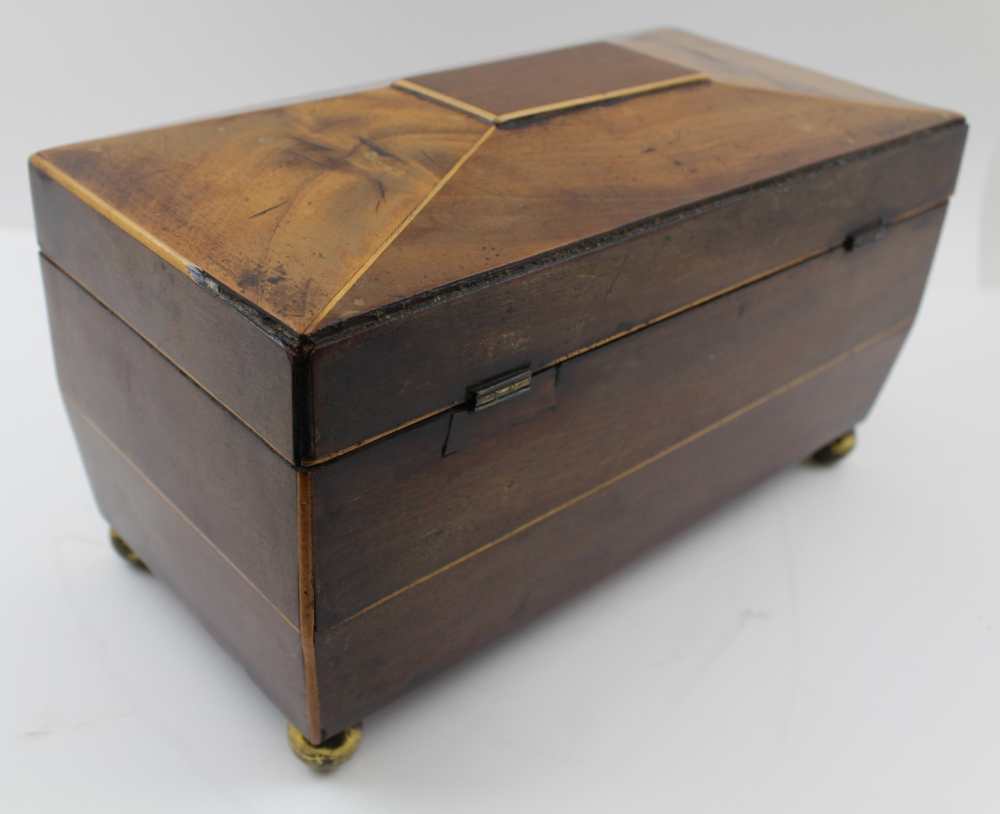 A GEORGE III MAHOGANY TEA CADDY of sarcophagus form, the hinged cover opening to reveal two inner - Image 12 of 16