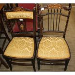 TWO FIRST QUARTER 20TH CENTURY INLAID LOW SEATED BEDROOM CHAIRS, with inlaid crest rails, golden