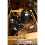 A BOX CONTAINING A PRINKNASH POTTERY COFFEE SERVICE, together with three items of glassware