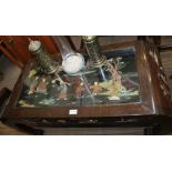 AN ORIENTAL COFFEE TABLE with applied imitation hard stone and ivory scenes of domestic life