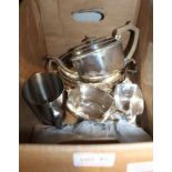 A BOX CONTAINING A SELECTION OF DOMESTIC METALWARES to include a silver plated tea service