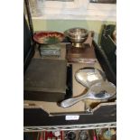 A BOX CONTAINING A SELECTION OF DOMESTIC METALWARES VARIOUS to include hallmarked silver dressing