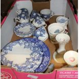 A BOX CONTAINING A WOOD & SON'S BLUE FRUIT PATTERNED PART TEA SERVICE, a pair of porcelain