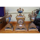 A LATE 19TH / EARLY 20TH CENTURY FRENCH GILT METAL & PORCELAIN DECORATED THREE-PIECE CLOCK