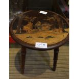 A SORRENTO WARE INLAID CIRCULAR TOPPED STOOL on three turned faux bamboo legs