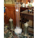 A PAIR OF MIDDLE EASTERN PIERCED BRASS CANDLE LANTERNS, together with a glass tall necked vase