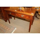 A MAHOGANY TEA TABLE having two inline drawers, with brass handles, having cut down legs