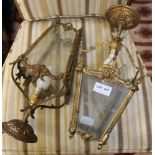 A PAIR OF CAST BRASS COLOURED METAL & ETCHED GLASS PANELLED HANGING LANTERNS