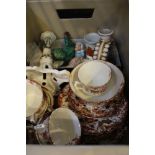 A SMALL CRATE OF DOMESTIC POTTERY to include; part Victorian tea service, candlestick etc.