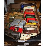 A BOX CONTAINING A GOOD SELECTION OF COLLECTOR'S DIE-CAST VEHICLES to include; planes, trams &