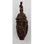 AN 18TH CENTURY CARVED COQUILLA NUT LIDDED VESSEL possibly a nutmeg grater, together with two