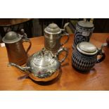 FOUR BEER STEINS together with A SILVER PLATED TEAPOT