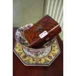 A CONTINENTAL FAIENCE DESIGN PLATE together with an Oriental fruit decorated bowl and a burr wood