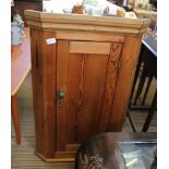 A PINE HANGING CORNER CUPBOARD with single panelled door