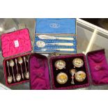 A CASED SET OF HALLMARKED SILVER APOSTLE SPOONS together with a cased three piece set of SERVING