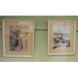 TWO WATERCOLOUR STUDIES, one of a cottage alley, the other of a quay side, each similarly plain