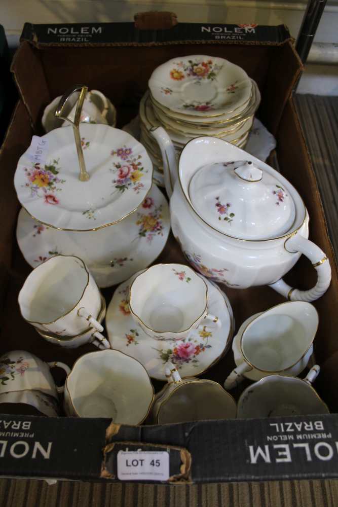 A BOX CONTAINING A GOOD SELECTION OF ROYAL CROWN DERBY "POSIES" PATTERNED TEA WARES to include a