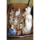 A BOX CONTAINING A GOOD SELECTION OF POTTERY AND PORCELAIN FIGURINES, both animal and human