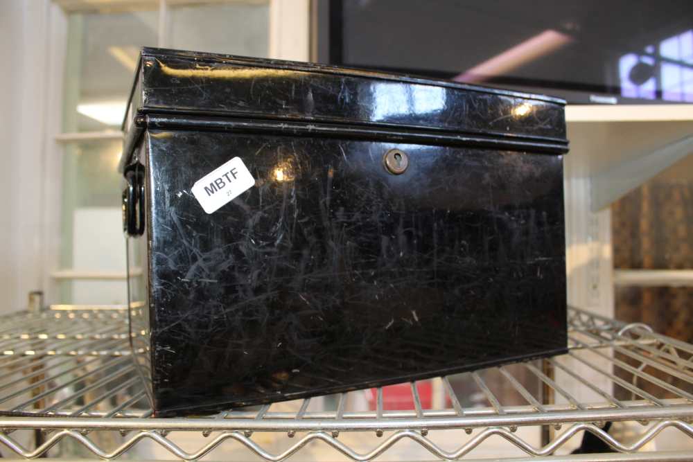 A BLACK PAINTED TIN DEED BOX