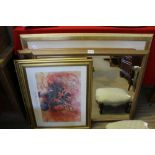 A PAIR OF GILT FRAMED BEVEL PLATED WALL MIRRORS, together with THREE FLORAL PRINTS