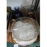 A BOX CONTAINING A MOULDED GLASS PUNCH SET, TWO DOULTON HARVEST JUGS ETC.