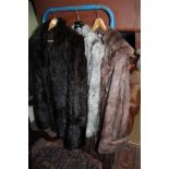 A SELECTION OF THREE LADIES FUR COATS, one grey, one black, one brown