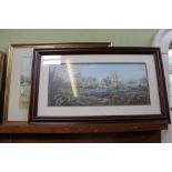 TWO LARGE DECORATIVE FRAMED COLOURED PRINTS, one farmyard scene, one cricketing