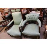 TWO LATE 19TH CENTURY SHOW WOOD FRAMED ARMCHAIRS having acorn & oak leaf damask style upholstery,