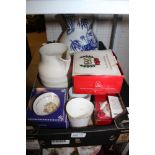 A BOX FULL OF DOMESTIC AND COLLECTABLE POTTERY to include; jugs, figures and Royal commemoratives