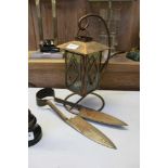 A VINTAGE PAIR OF STEEL SHEEP SHEARS, together with copper finished hanging lamp