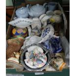 A BOX CONTAINING A SELECTION OF USEFUL DOMESTIC ITEMS VARIOUS the majority pottery