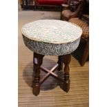 A WILLIAM MORRIS PATTERNED PAD TOP STOOL on turned and block legs, with "X" shaped stretcher between