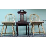 A PAIR OF BLONDE WOOD HOOP & STICK BACKED SOLID SEATED KITCHEN CHAIRS together with an Edwardian