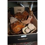 A BOX CONTAINING A SELECTION OF CARVED WOODEN WARES VARIOUS