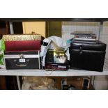 THREE BAGS CONTAINING A SELECTION OF JEWELLERY BOXES, costume jewellery, compact discs, etc.